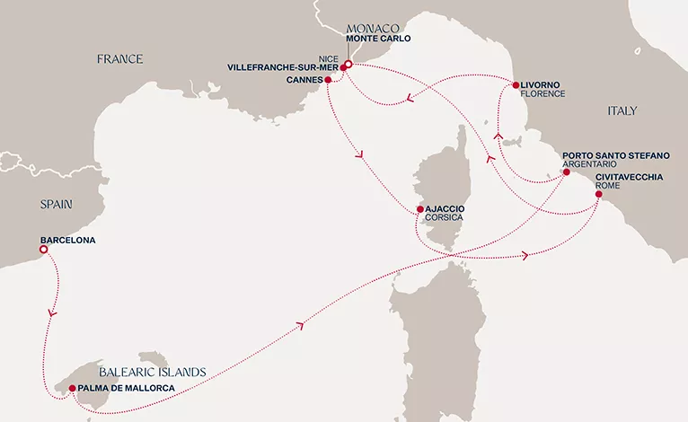 Explora II May 22-31 2028 cruise route map from Barcelona to Monte Carlo