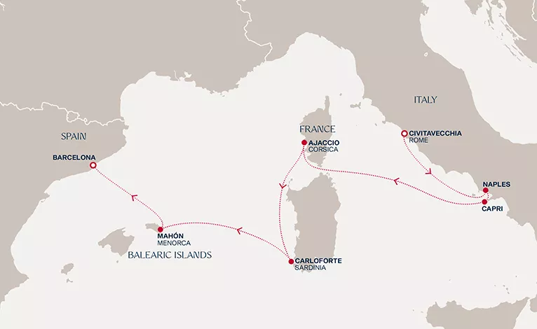 Explora II June 6-12 2028 cruise route map from Civitavecchia (Rome) to Barcelona