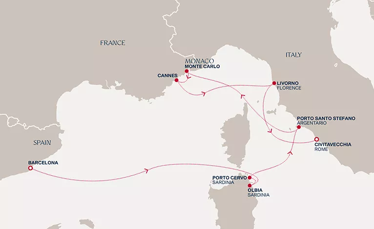 Explora II July 24-31 2028 cruise route map from Barcelona to Civitavecchia (Rome)
