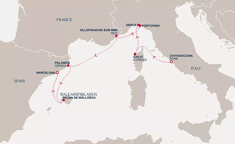 Explora II August 14-21 2028 cruise route map from Civitavecchia (Rome) to Barcelona