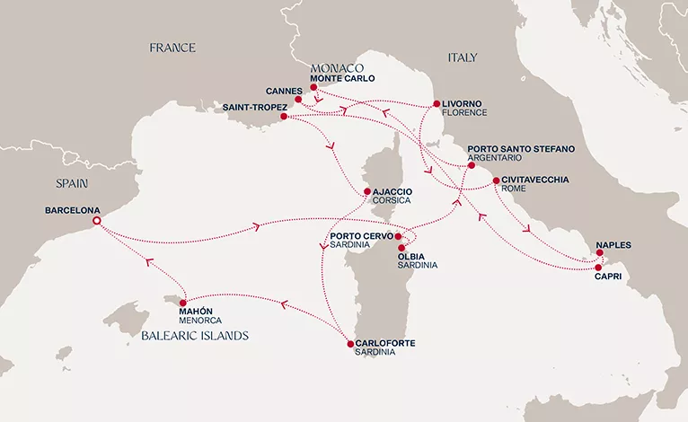 Explora II August 21-September 4 2028 cruise route map from Barcelona to Barcelona