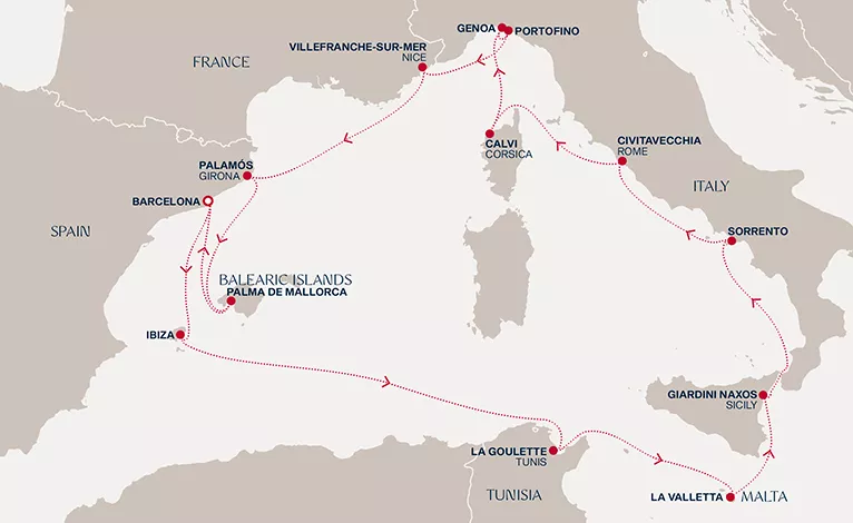 Explora II September 4-18 2028 cruise route map from Barcelona to Barcelona