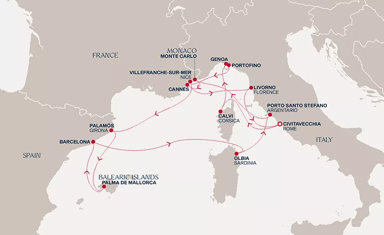 Explora II September 11-25 2028 cruise route map from Civitavecchia (Rome) to Civitavecchia (Rome)