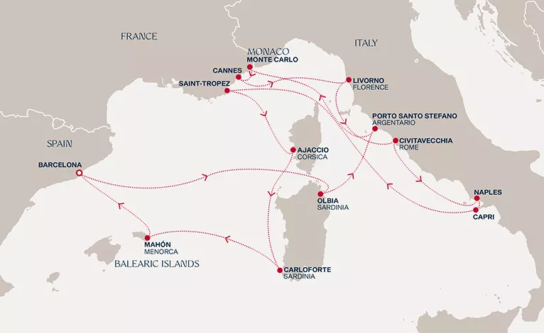 Explora II September 18-October 2 2028 cruise route map from Barcelona to Barcelona