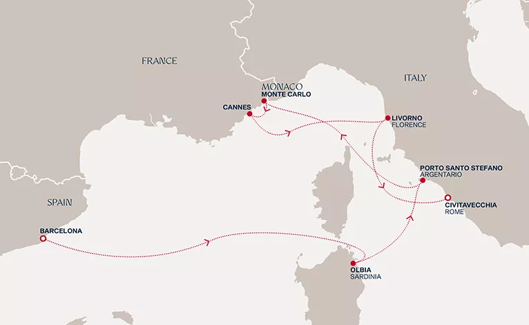 Explora II September 18-25 2028 cruise route map from Barcelona to Civitavecchia (Rome)