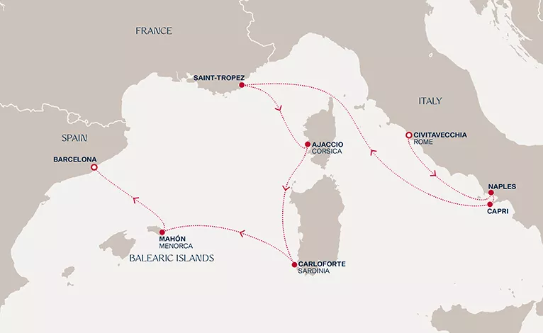 Explora II September 25-October 2 2028 cruise route map from Civitavecchia (Rome) to Barcelona