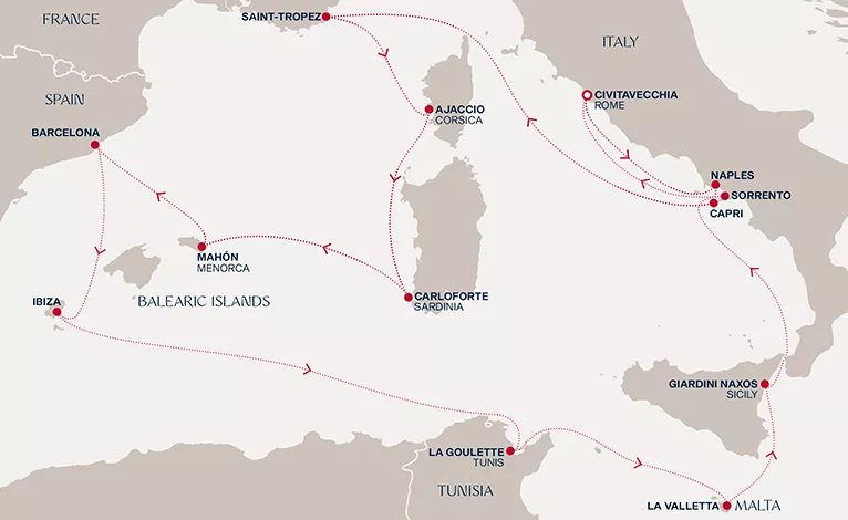 Explora II September 25-October 9 2028 cruise route map from Civitavecchia (Rome) to Civitavecchia (Rome)