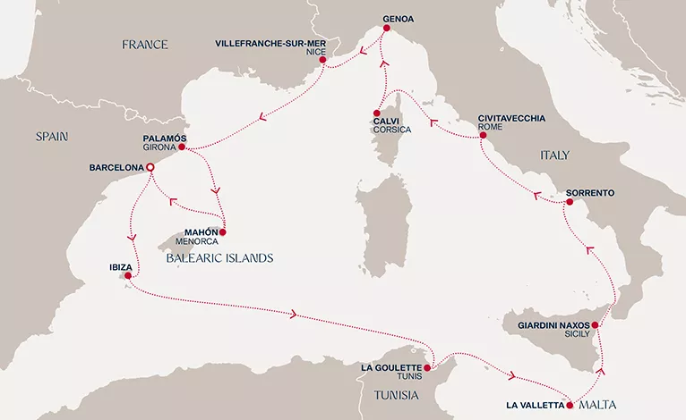 Explora II October 2-16 2028 cruise route map from Barcelona to Barcelona