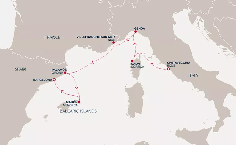 Explora II October 9-16 2028 cruise route map from Civitavecchia (Rome) to Barcelona