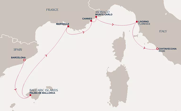 Explora II October 16-23 2028 cruise route map from Barcelona to Civitavecchia (Rome)