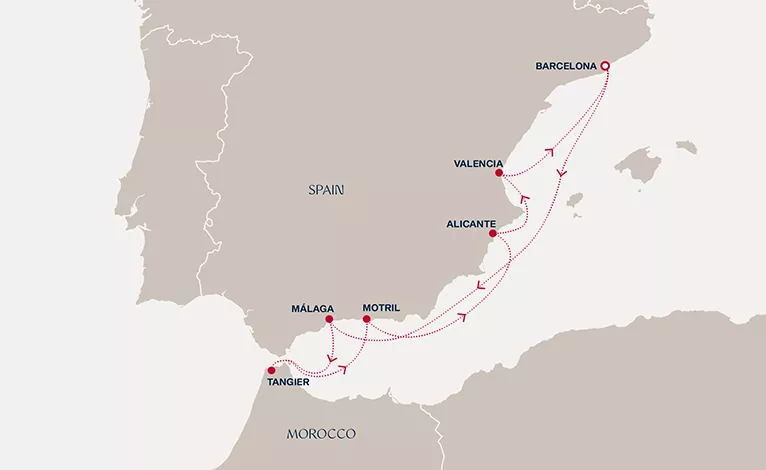 Explora II November 15-22 2028 cruise route map from Barcelona to Barcelona