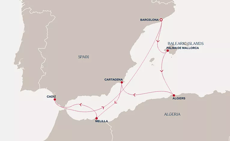 Explora II November 22-29 2028 cruise route map from Barcelona to Barcelona