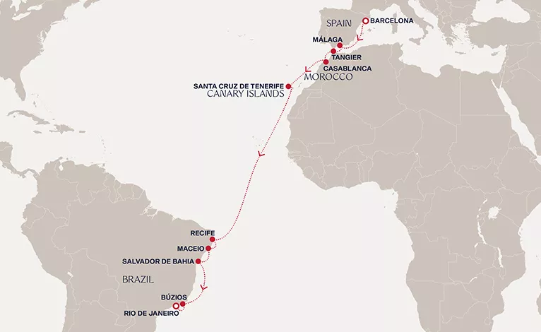 Explora II November 29-December 16 2028 cruise route map from Barcelona to Rio de Janeiro