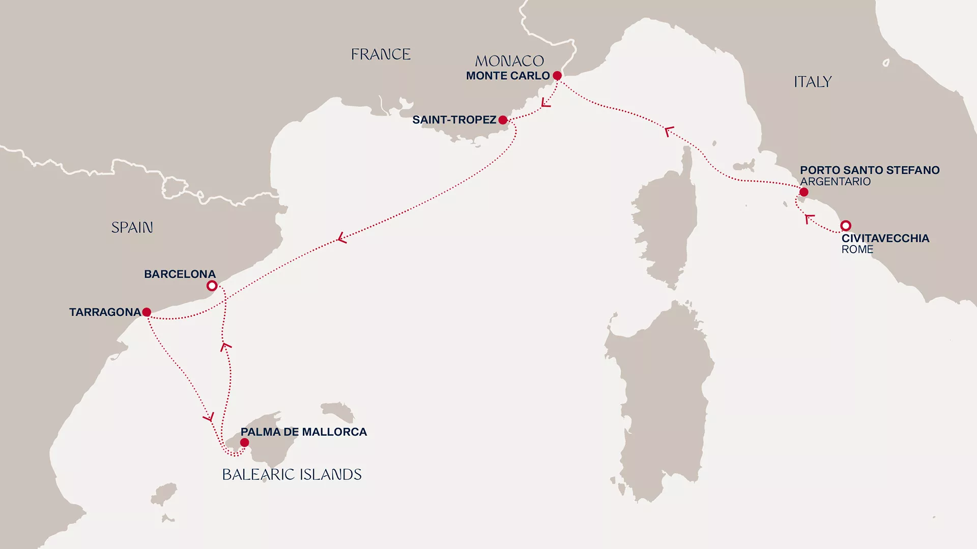 Explora I August 10-17 2026 cruise route map from Civitavecchia (Rome) to Barcelona