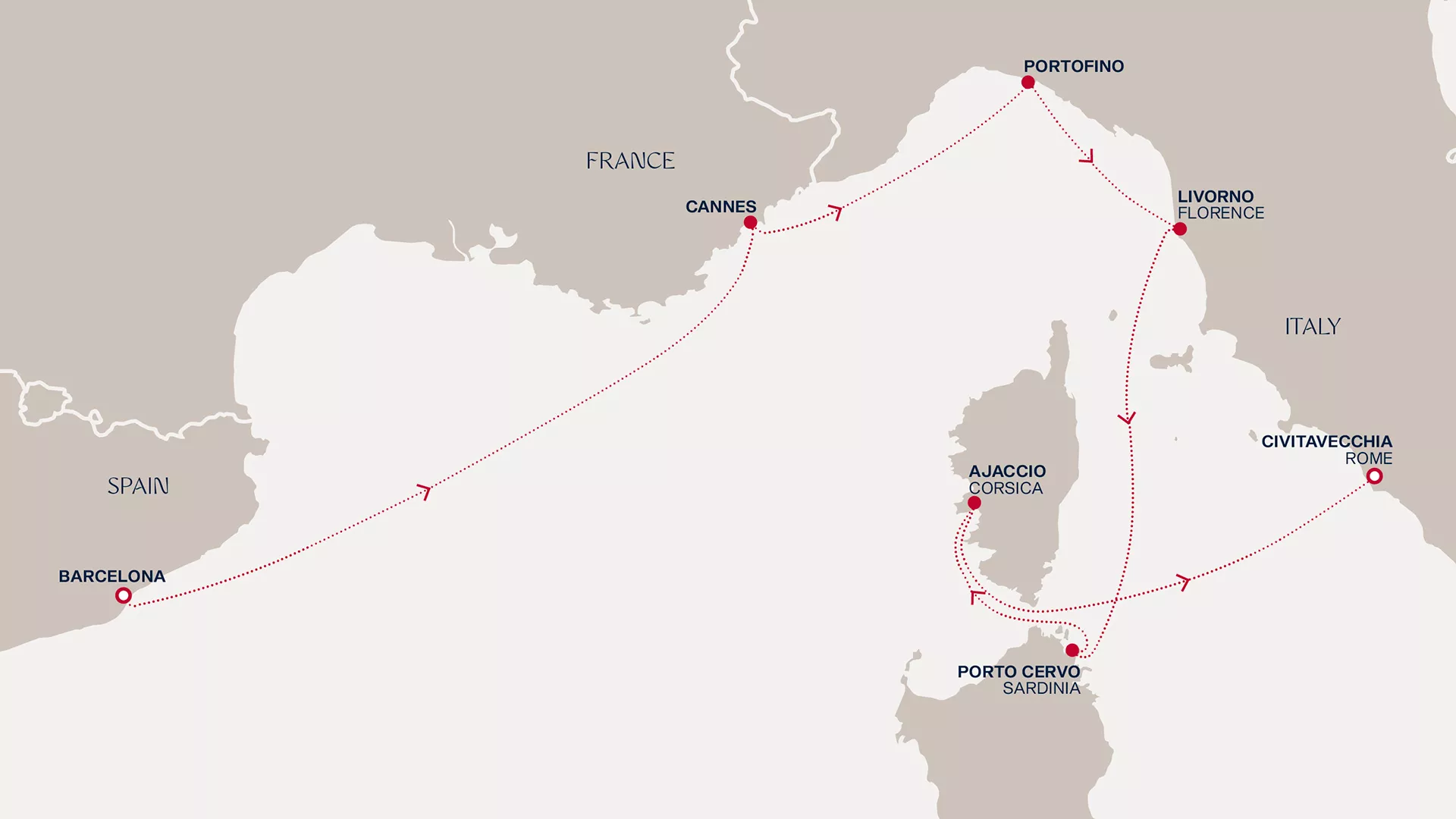 Explora I August 17-24 2026 cruise route map from Barcelona to Civitavecchia (Rome)