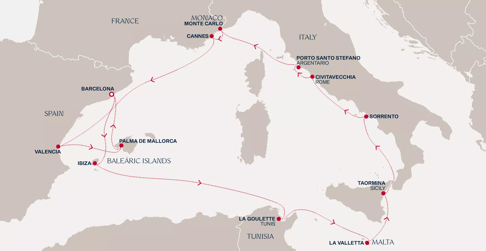 Explora I August 31-September 14 2026 cruise route map from Barcelona to Barcelona