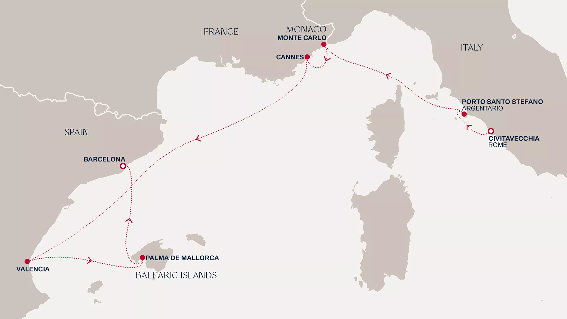 Explora I September 7-14 2026 cruise route map from Civitavecchia (Rome) to Barcelona