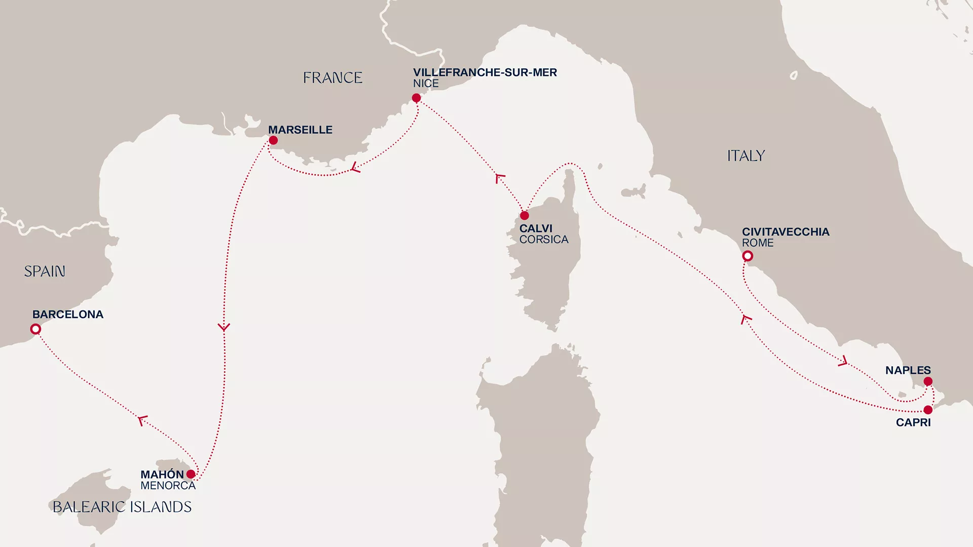 Explora I September 21-28 2026 cruise route map from Civitavecchia (Rome) to Barcelona