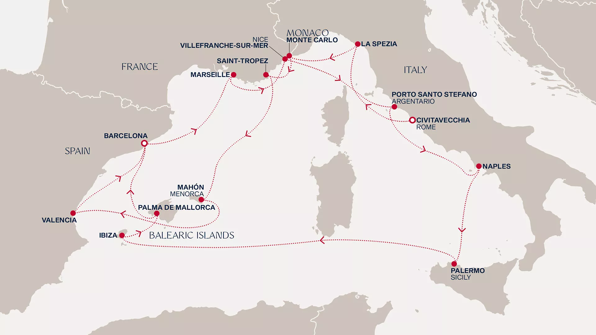 Explora I October 5-21 2026 cruise route map from Civitavecchia (Rome) to Barcelona