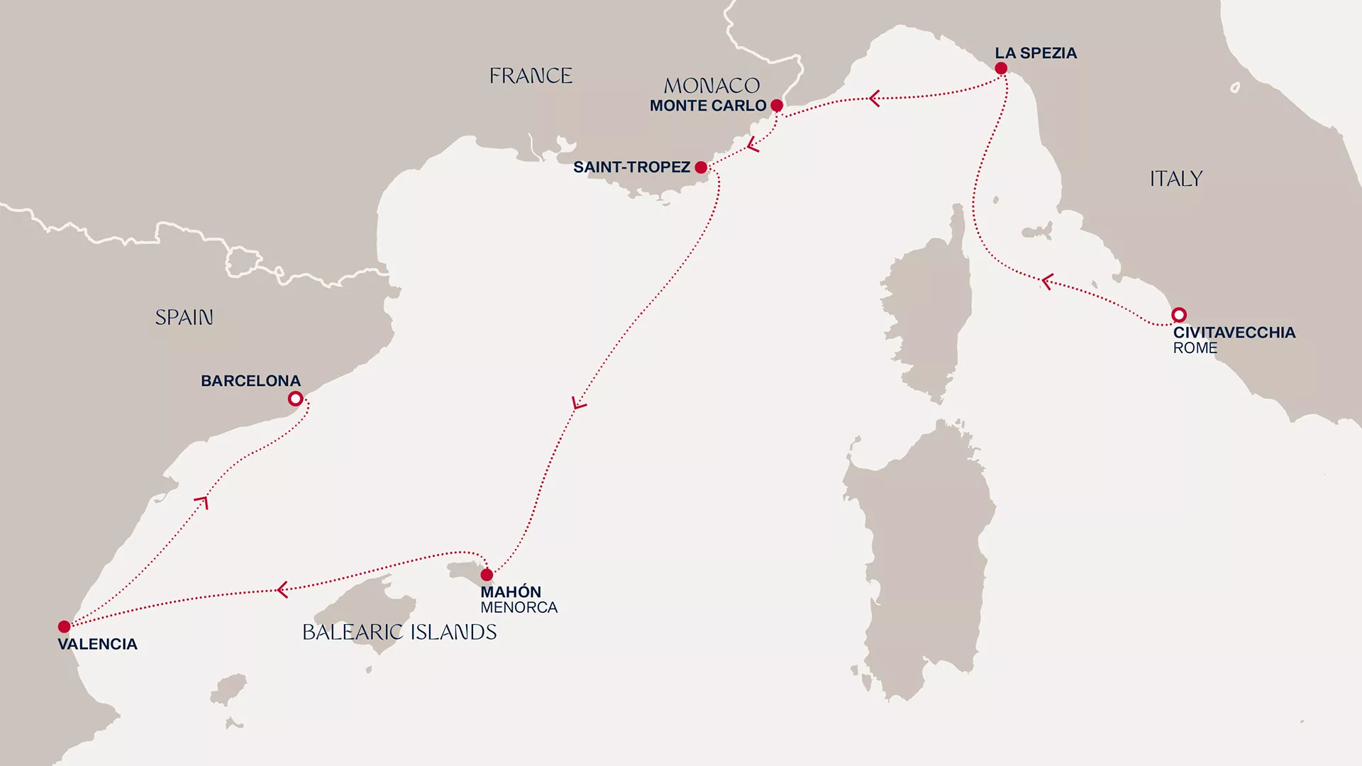 Explora I October 5-12 2026 cruise route map from Civitavecchia (Rome) to Barcelona