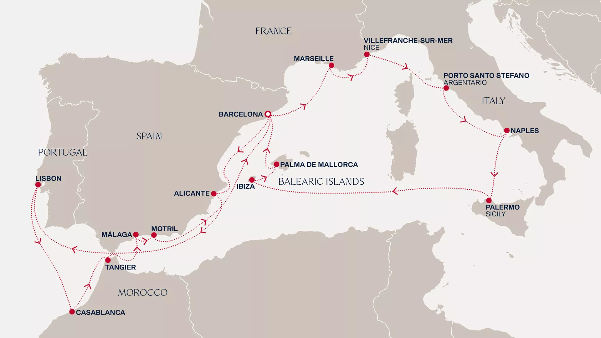 Explora I October 12-November 1 2026 cruise route map from Barcelona to Barcelona