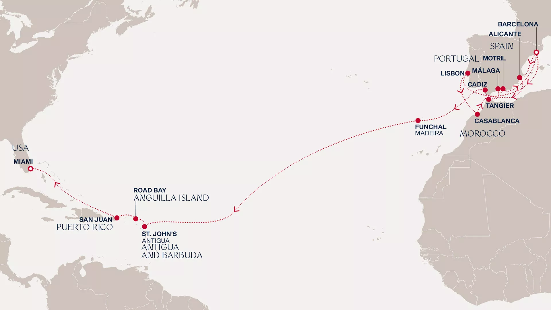 Explora I October 21-November 17 2026 cruise route map from Barcelona to Miami