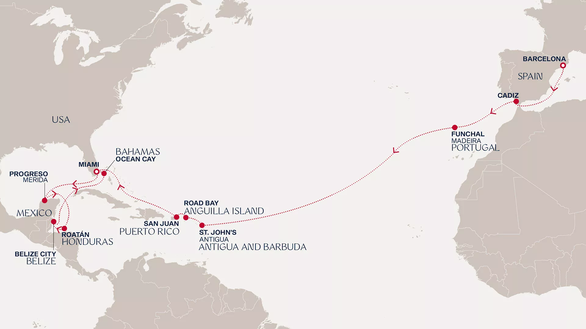 Explora I November 1-25 2026 cruise route map from Barcelona to Miami