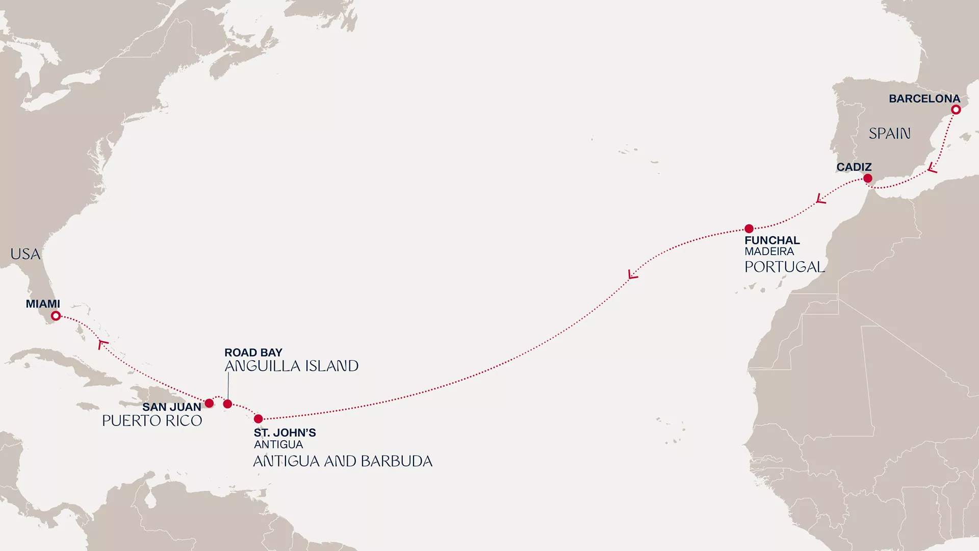 Explora I November 1-17 2026 cruise route map from Barcelona to Miami