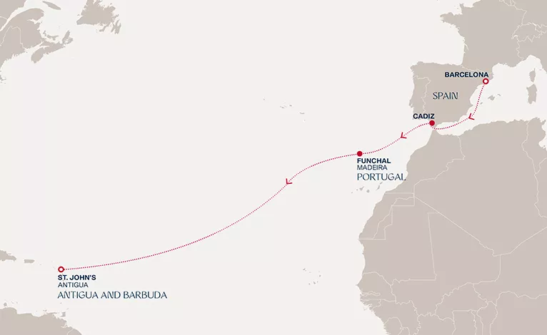 Explora I November 1-12 2026 cruise route map from Barcelona to St. John's (Antigua)