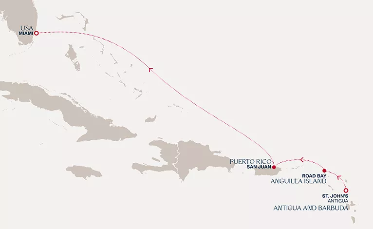 Explora I November 12-17 2026 cruise route map from St. John's (Antigua) to Miami