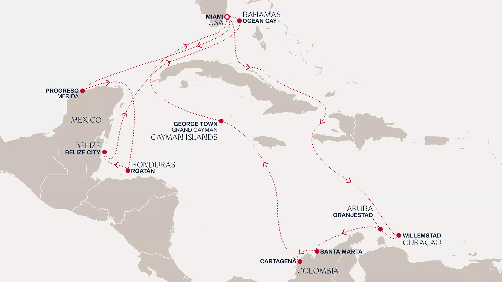 Explora I November 17-December 5 2026 cruise route map from Miami to Miami