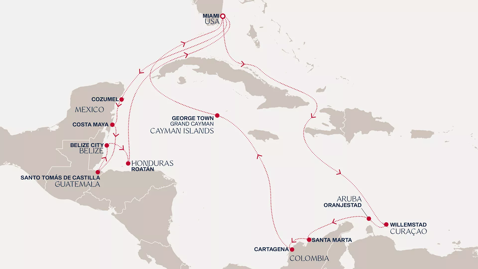 Explora I November 25-December 13 2026 cruise route map from Miami to Miami