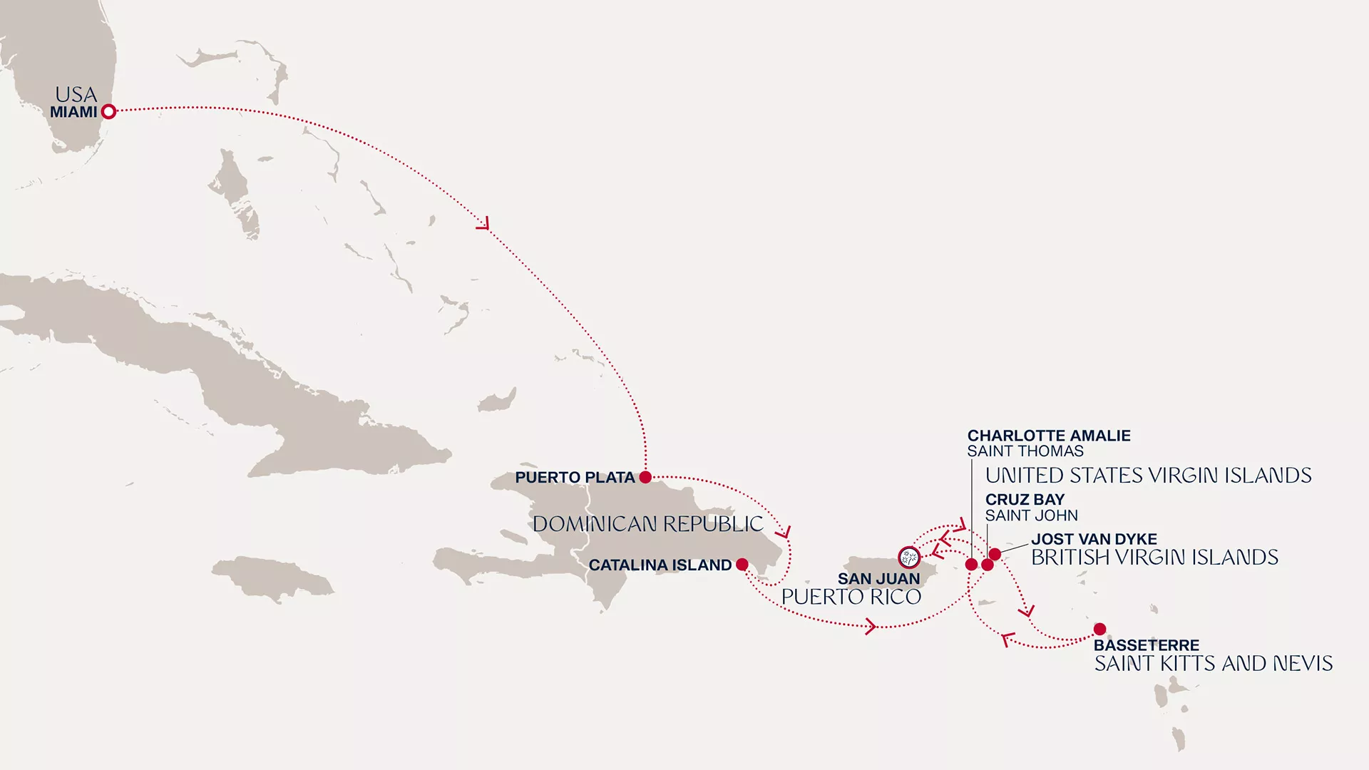 Explora I December 27 2026-January 4 2027 cruise route map from Miami to San Juan