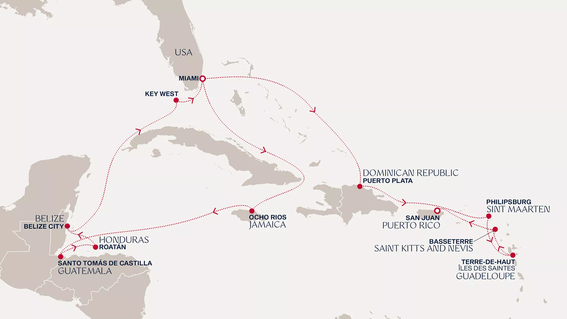 Explora I January 20-February 5 2027 cruise route map from Miami to San Juan