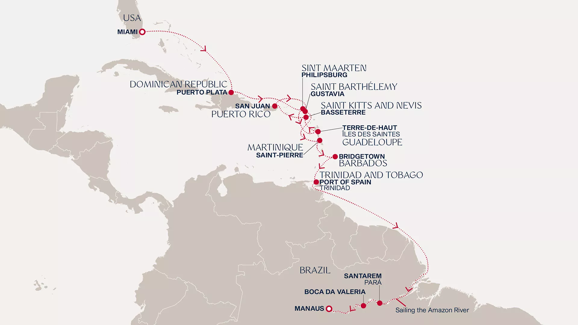 Explora I January 29-February 17 2027 cruise route map from Miami to Manaus