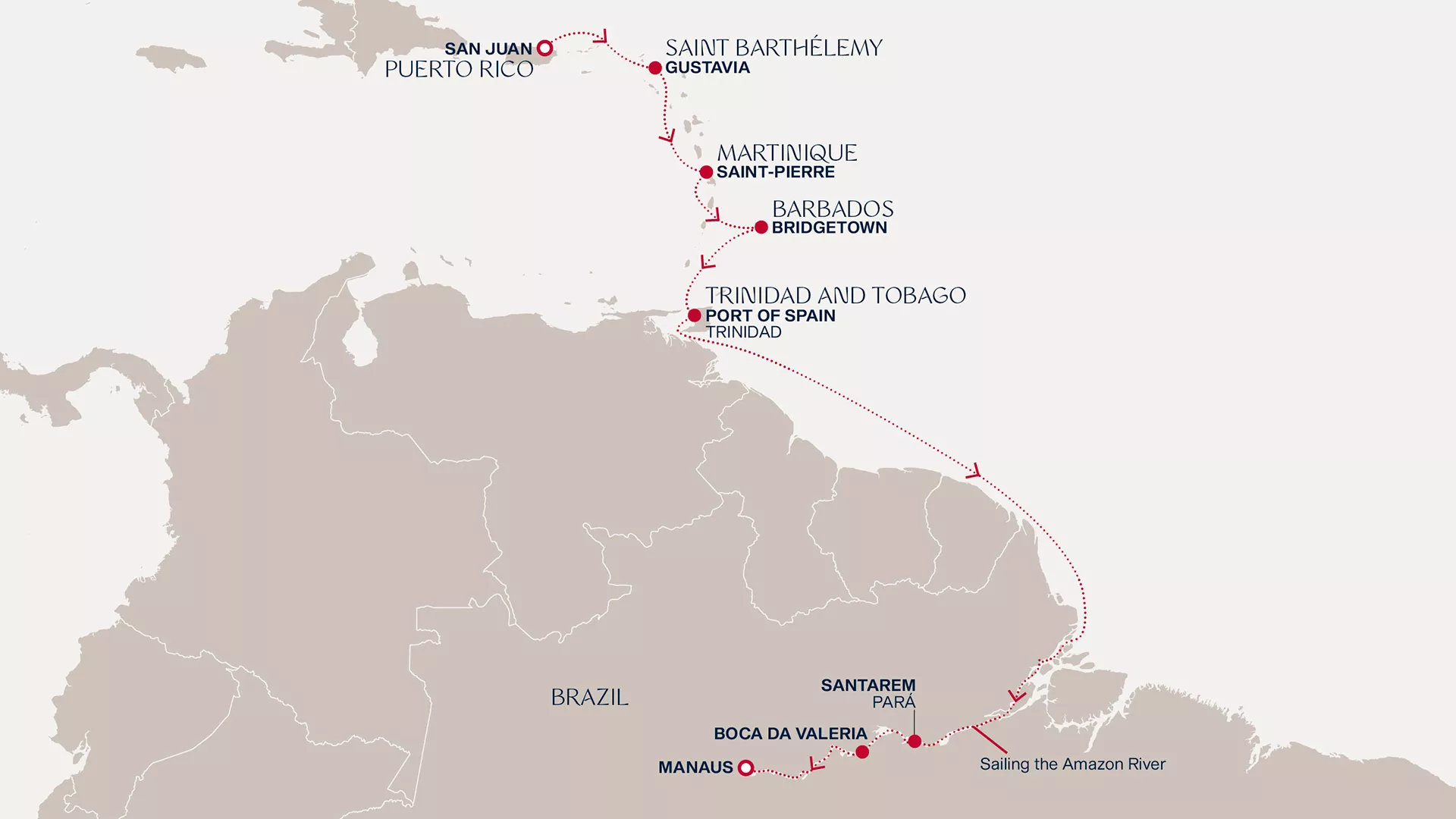 Explora I February 5-17 2027 cruise route map from San Juan to Manaus