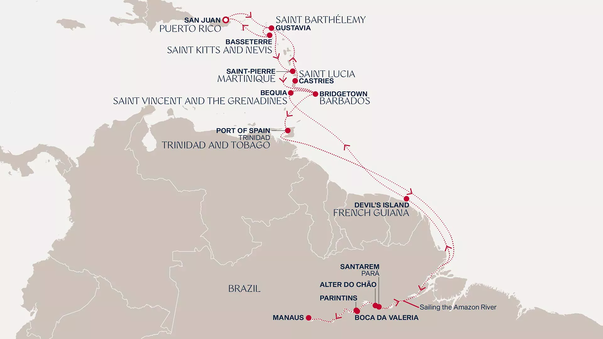 Explora I February 5-March 1 2027 cruise route map from San Juan to San Juan