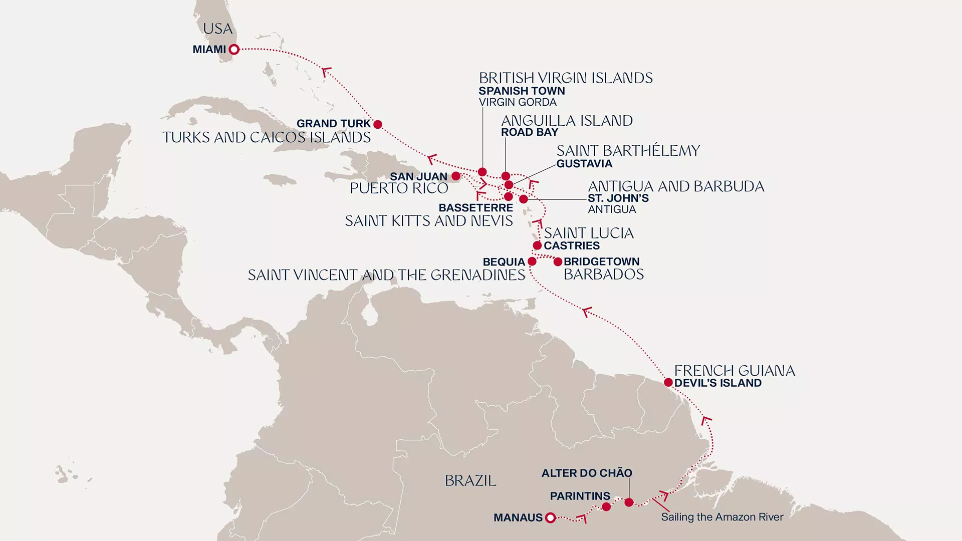 Explora I February 17-March 8 2027 cruise route map from Manaus to Miami