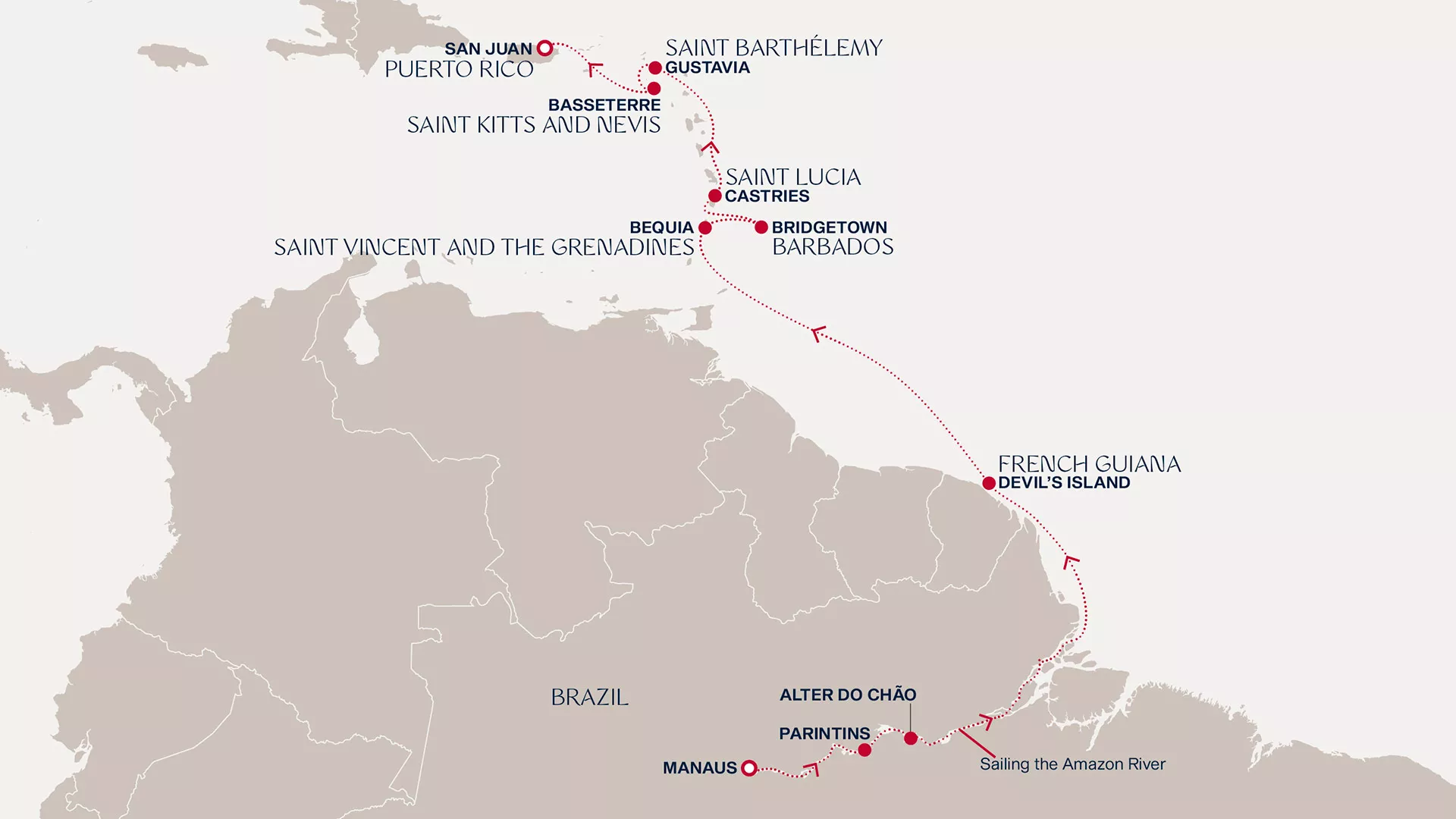 Explora I February 17-March 1 2027 cruise route map from Manaus to San Juan