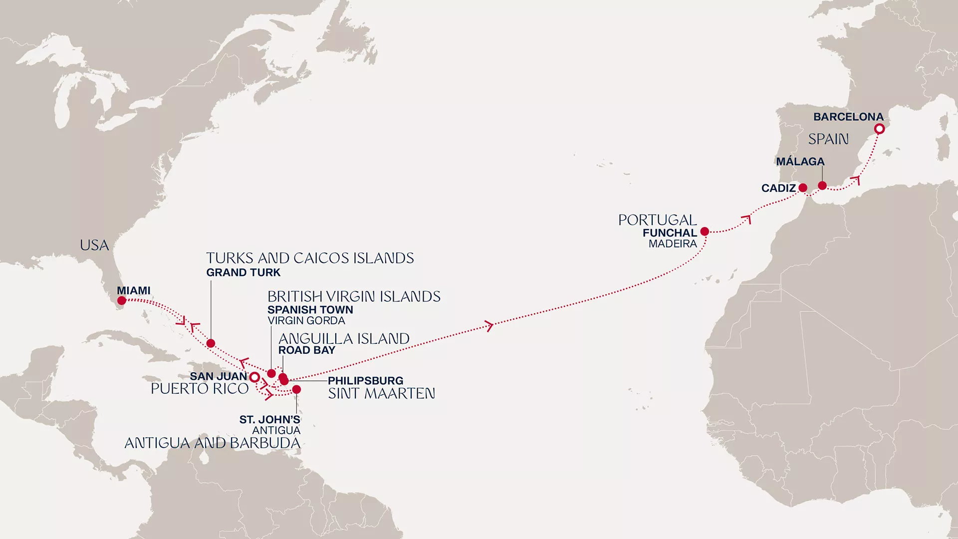 Explora I March 1-24 2027 cruise route map from San Juan to Barcelona