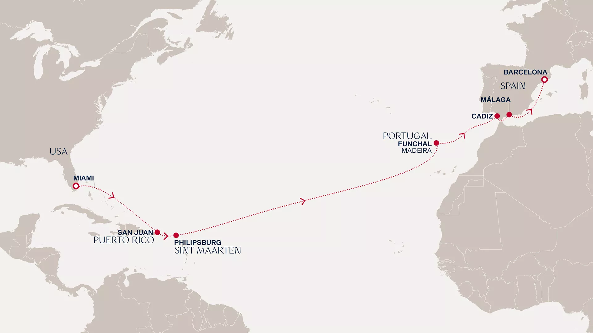 Explora I March 8-24 2027 cruise route map from Miami to Barcelona
