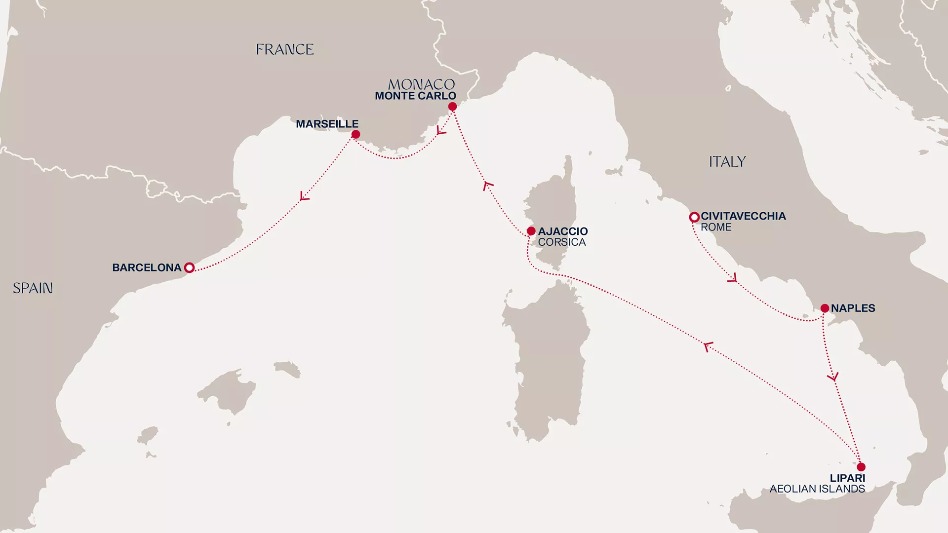 Explora I May 10-17 2027 cruise route map from Civitavecchia (Rome) to Barcelona