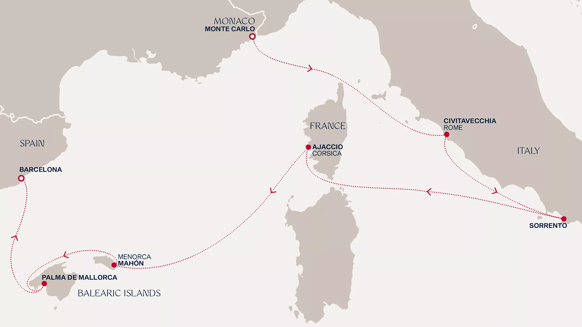 Explora I June 7-14 2027 cruise route map from Monte Carlo to Barcelona