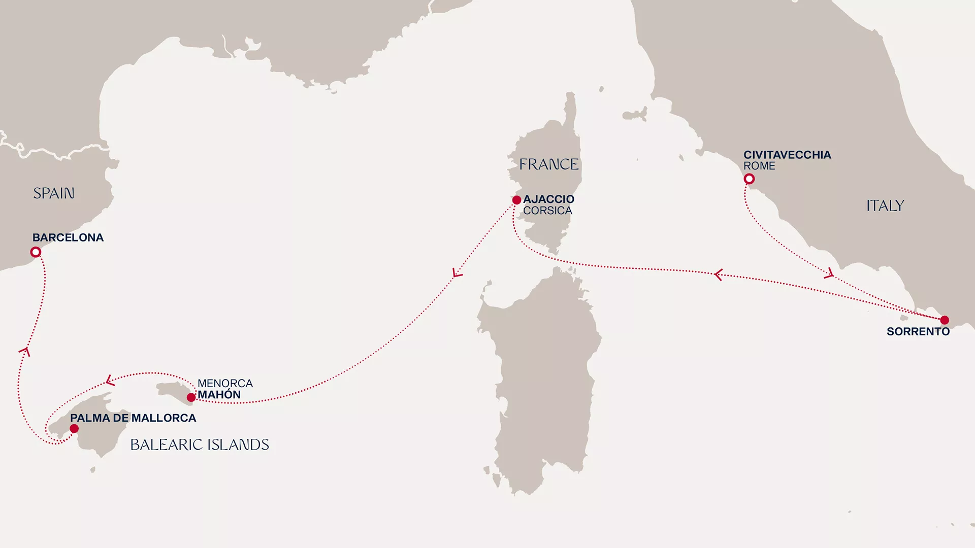 Explora I June 8-14 2027 cruise route map from Civitavecchia (Rome) to Barcelona