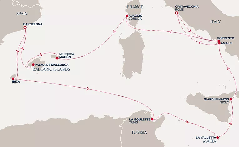 Explora I June 8-21 2027 cruise route map from Civitavecchia (Rome) to Civitavecchia (Rome)