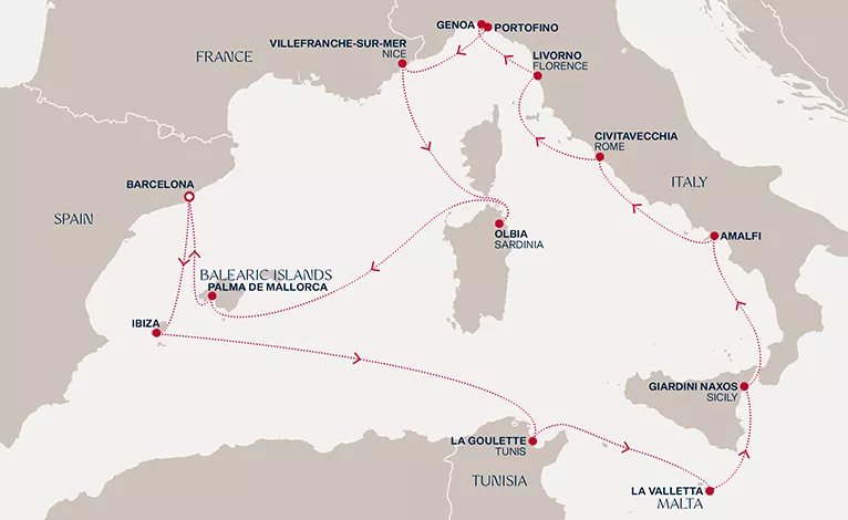 Explora I June 14-28 2027 cruise route map from Barcelona to Barcelona