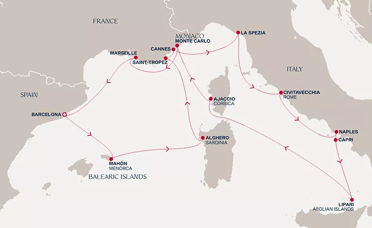 Explora I June 28-July 12 2027 cruise route map from Barcelona to Barcelona