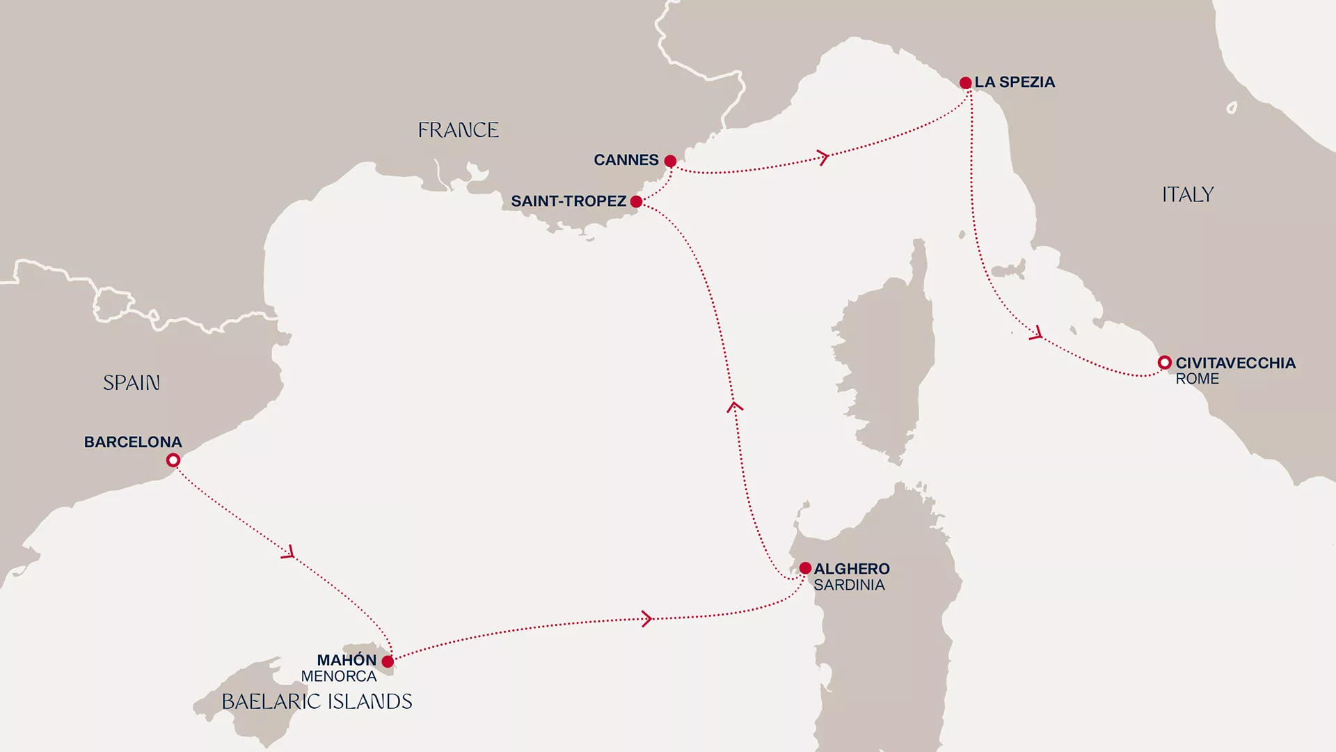 Explora I June 28-July 5 2027 cruise route map from Barcelona to Civitavecchia (Rome)