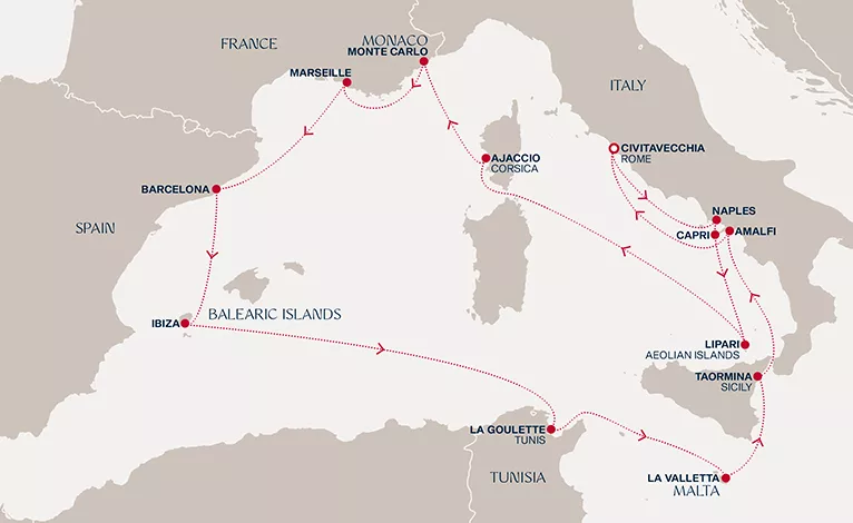 Explora I August 2-16 2027 cruise route map from Civitavecchia (Rome) to Civitavecchia (Rome)