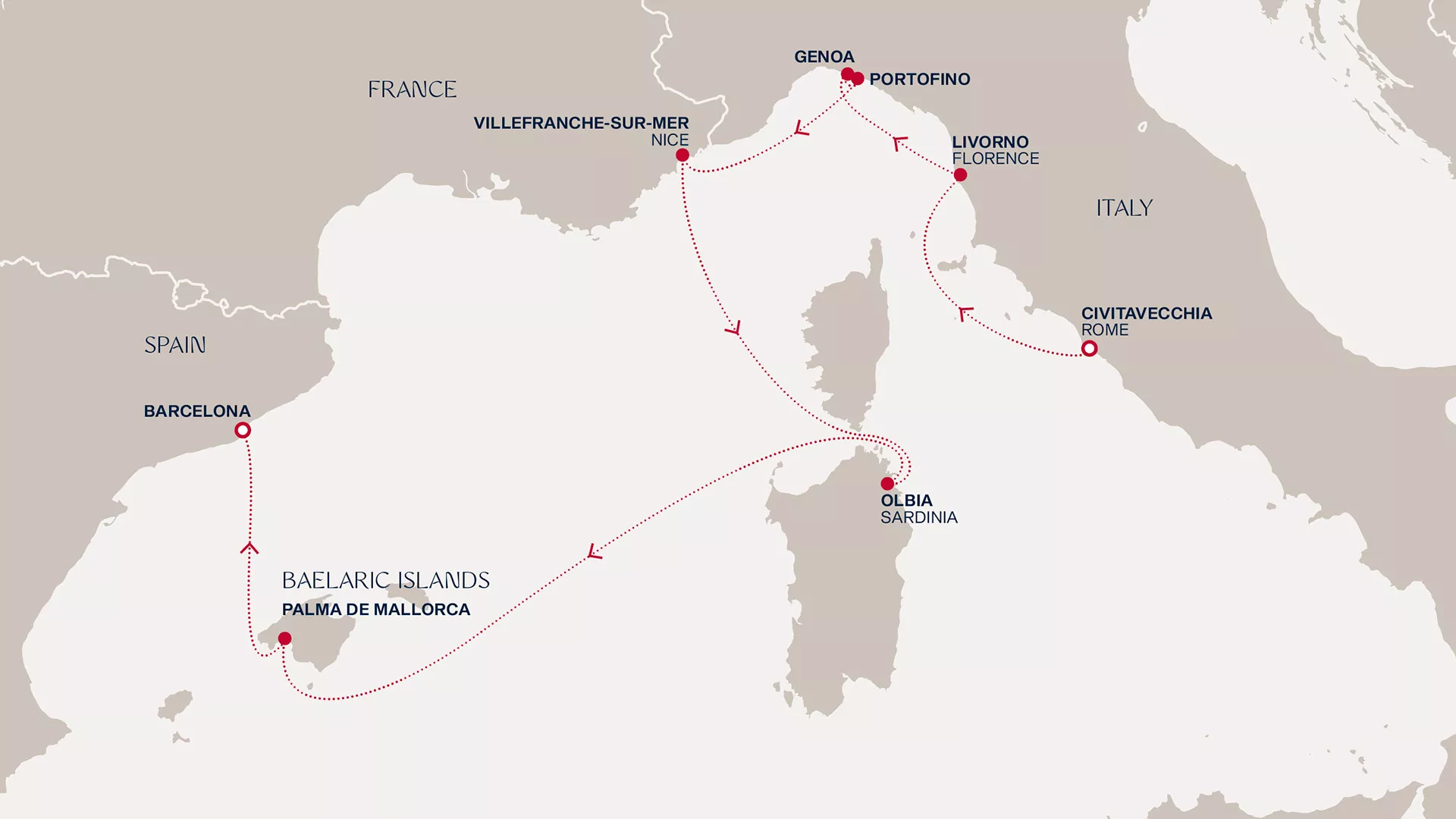 Explora I September 13-20 2027 cruise route map from Civitavecchia (Rome) to Barcelona